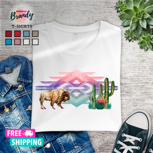 Boho Southwest Buffalo Cactus Printed T-Shirt 