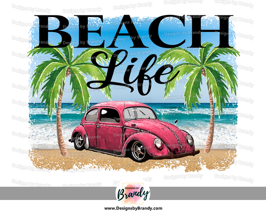 Beach Clipart Design Theme - Beach Life Vintage Pink Car